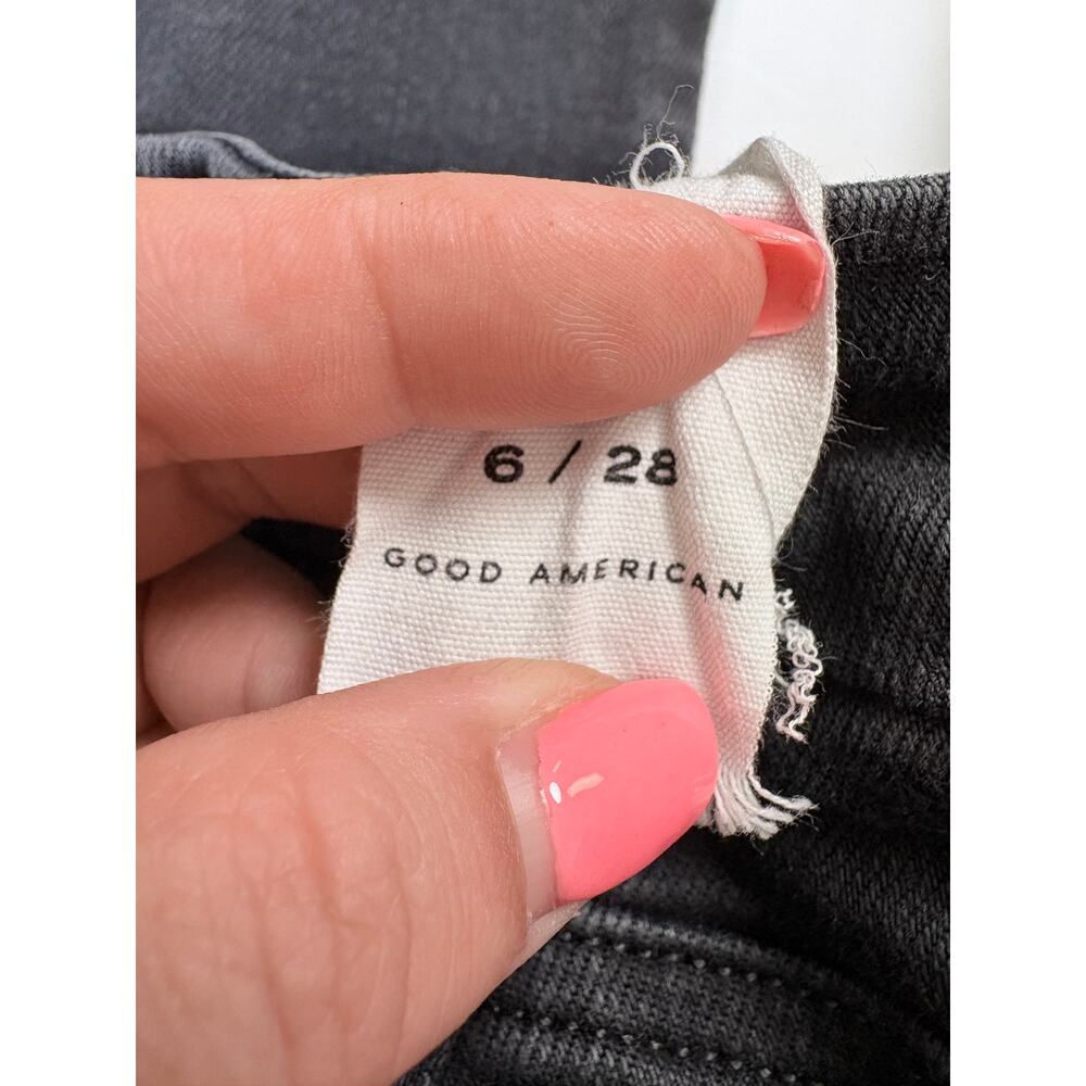 Good American Washed Black High Rise Button Fly Flare Jeans Raw Hem Size 6/28 - Picture 7 of 16